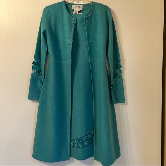 Stunning Unique Knitwear Dress & Jacket Set Small Turquoise Floral - Picture 1 of 11